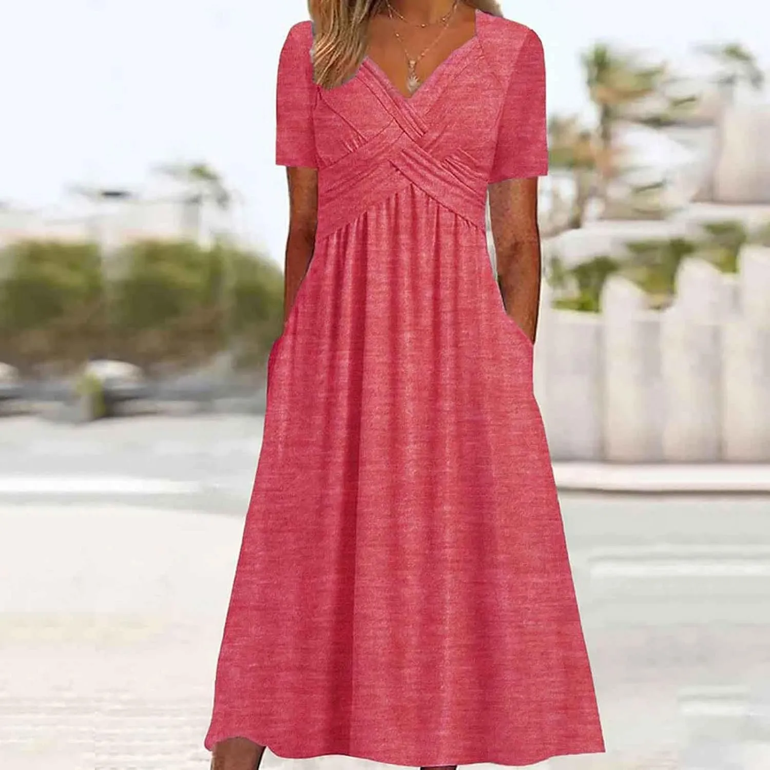 Women Summer Short Sleeve Midi Dress with Pockets Casual Aline Flowy Tshirt Dress Floral Vocation Beach Sundress