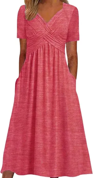 Women Summer Short Sleeve Midi Dress with Pockets Casual Aline Flowy Tshirt Dress Floral Vocation Beach Sundress
