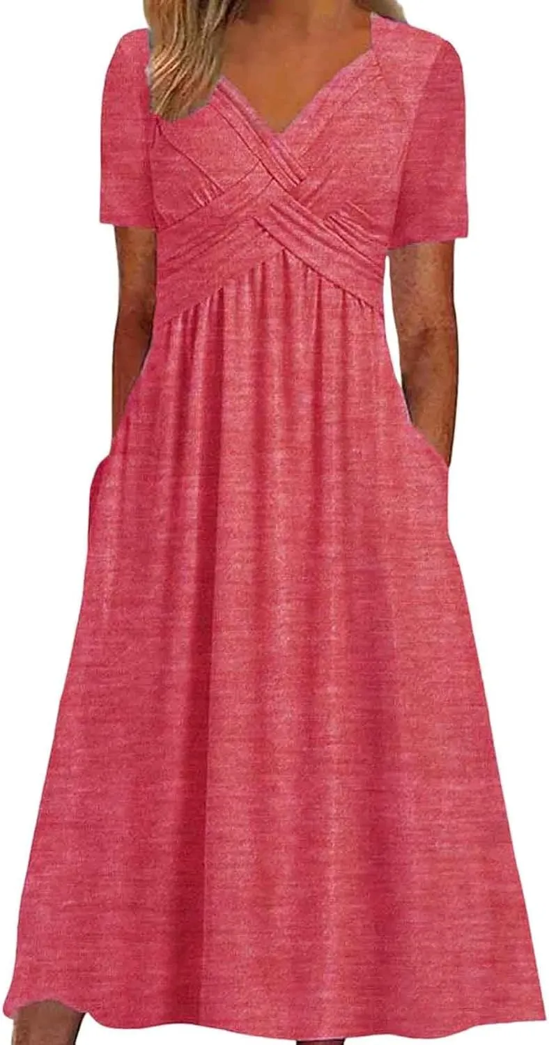 Women Summer Short Sleeve Midi Dress with Pockets Casual Aline Flowy Tshirt Dress Floral Vocation Beach Sundress