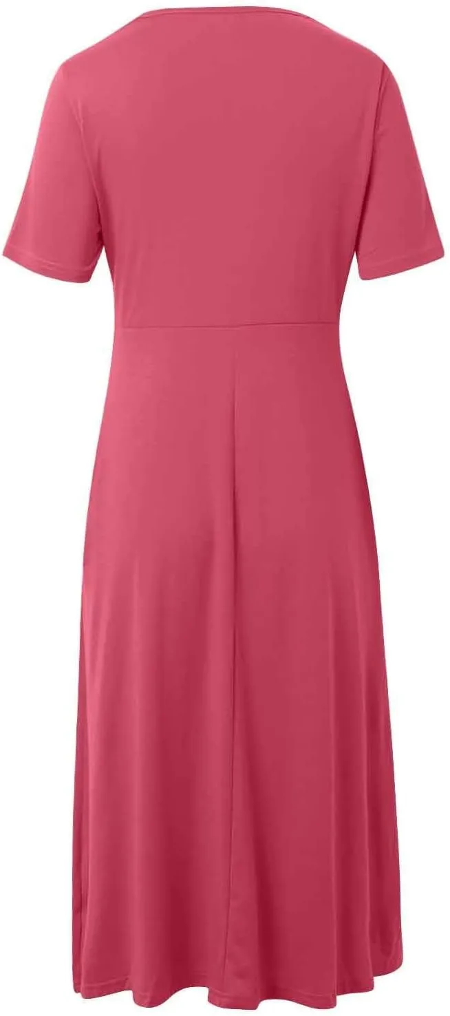 Women Summer Short Sleeve Midi Dress with Pockets Casual Aline Flowy Tshirt Dress Floral Vocation Beach Sundress
