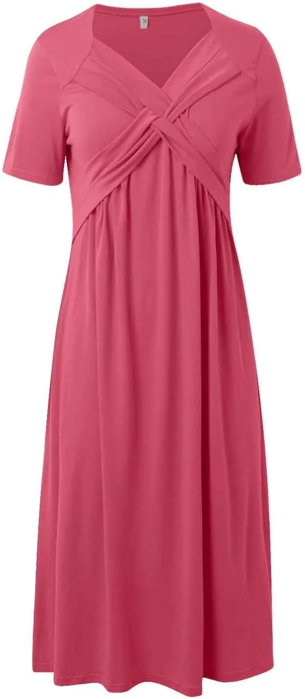 Women Summer Short Sleeve Midi Dress with Pockets Casual Aline Flowy Tshirt Dress Floral Vocation Beach Sundress