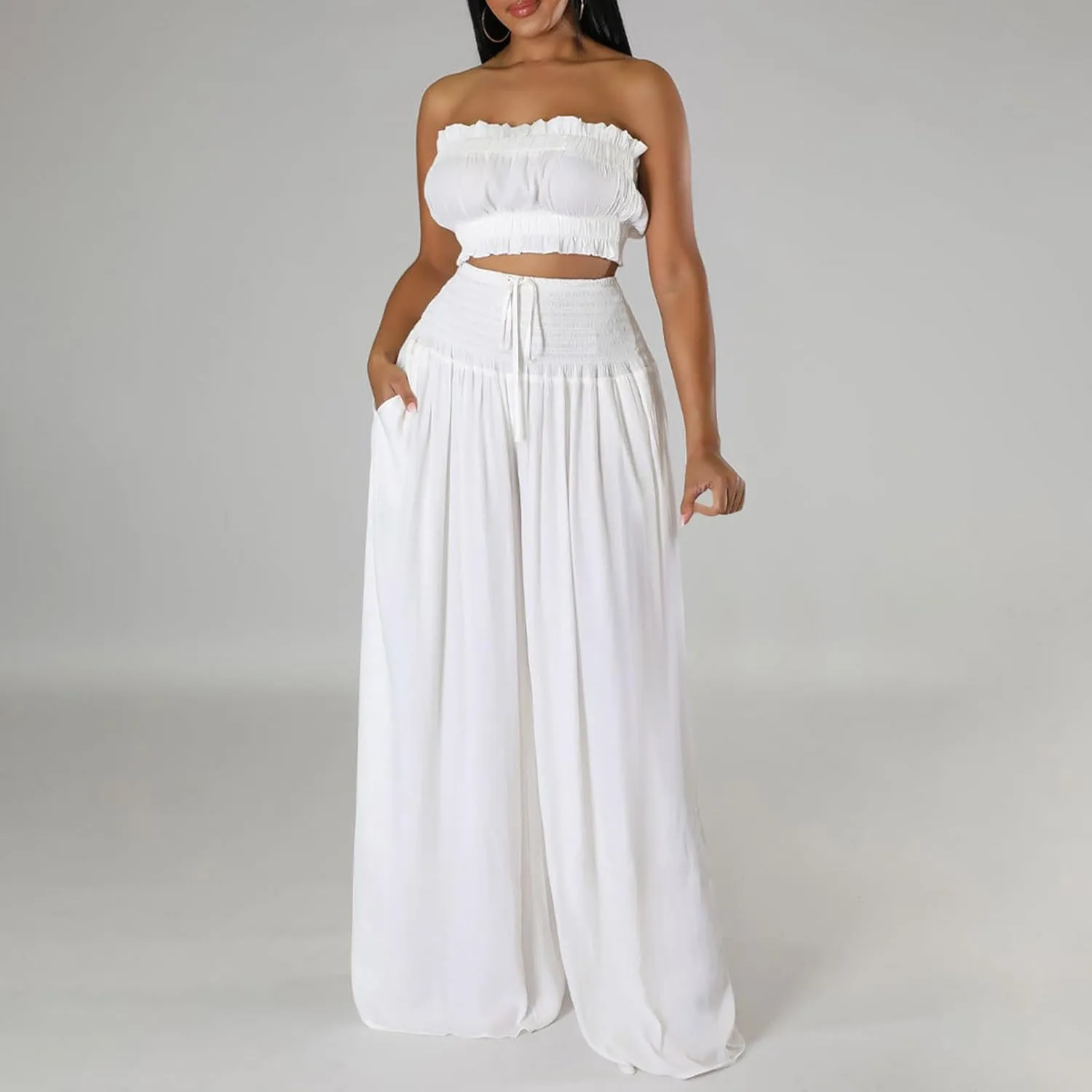 Women's 2 Piece Outfits Sleeveless Tube Strapless Crop Top and Fashion Wide Leg Pant Soft Lounge Matching Sets