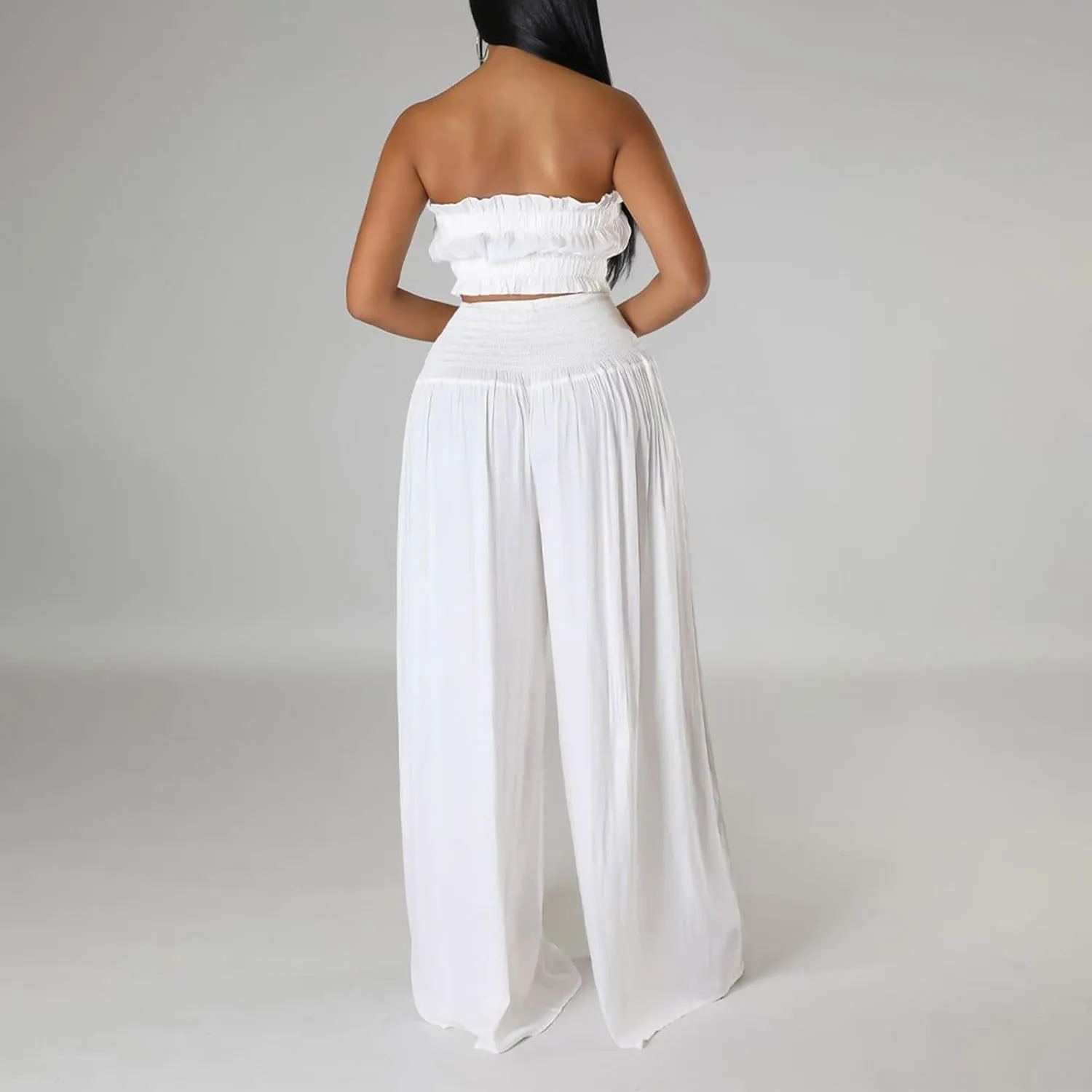 Women's 2 Piece Outfits Sleeveless Tube Strapless Crop Top and Fashion Wide Leg Pant Soft Lounge Matching Sets