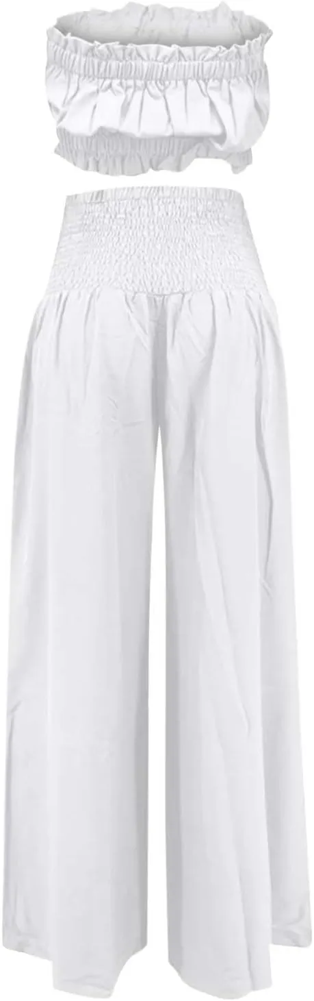 Women's 2 Piece Outfits Sleeveless Tube Strapless Crop Top and Fashion Wide Leg Pant Soft Lounge Matching Sets