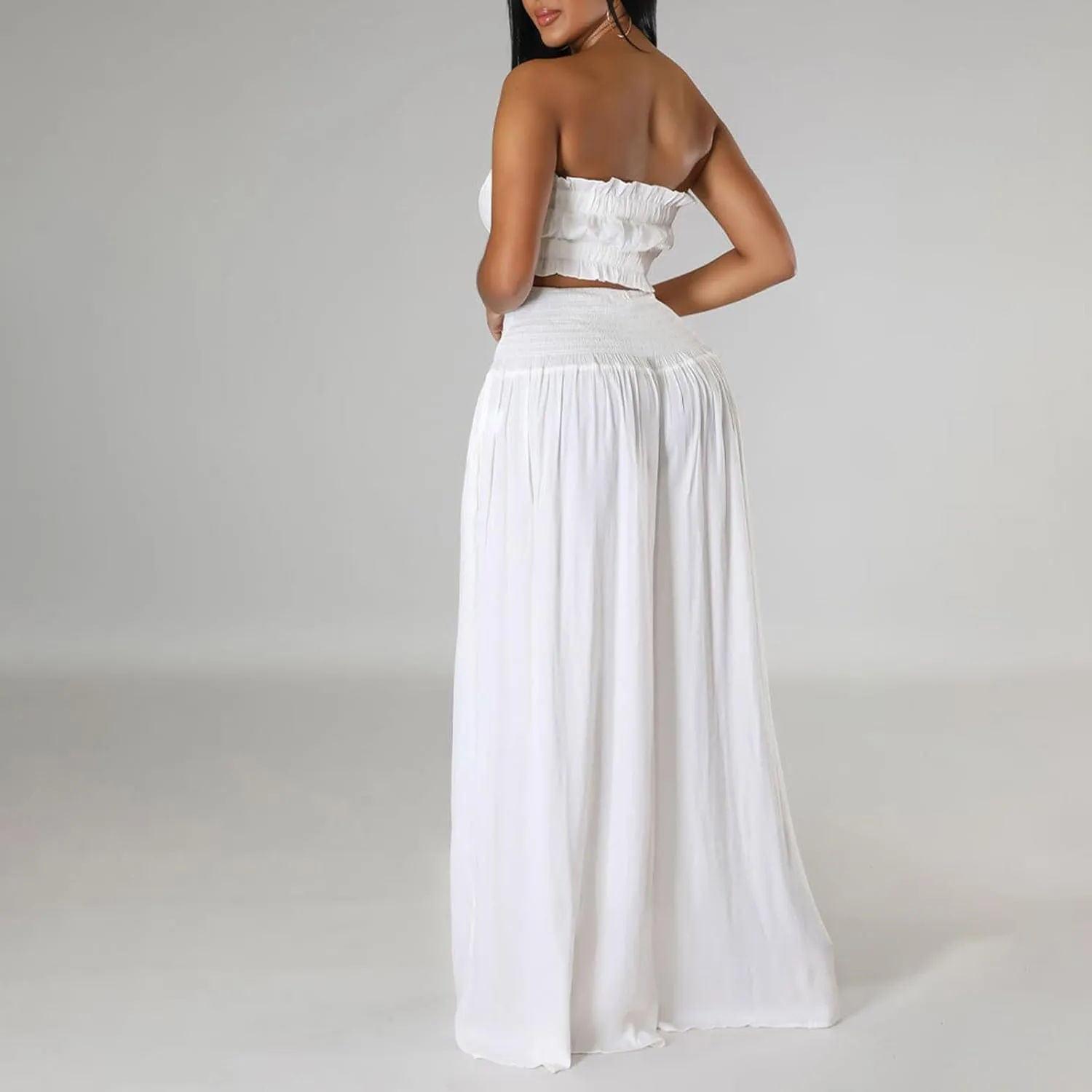 Women's 2 Piece Outfits Sleeveless Tube Strapless Crop Top and Fashion Wide Leg Pant Soft Lounge Matching Sets