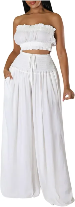 Women's 2 Piece Outfits Sleeveless Tube Strapless Crop Top and Fashion Wide Leg Pant Soft Lounge Matching Sets
