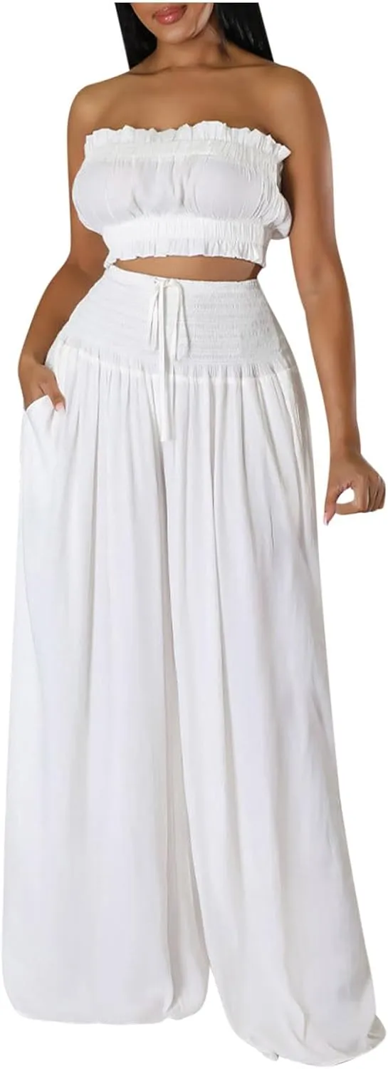 Women's 2 Piece Outfits Sleeveless Tube Strapless Crop Top and Fashion Wide Leg Pant Soft Lounge Matching Sets