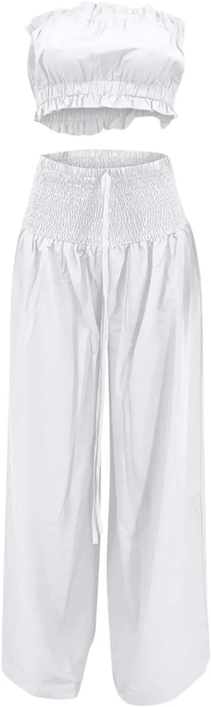 Women's 2 Piece Outfits Sleeveless Tube Strapless Crop Top and Fashion Wide Leg Pant Soft Lounge Matching Sets