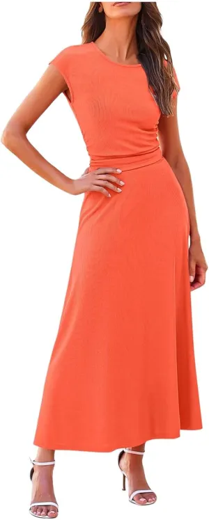 Women's 2 Piece Summer Outfits Dressy Casual Knit Short Sleeve Crop Top High Waist Midi Skirt Set Mandarin Dress