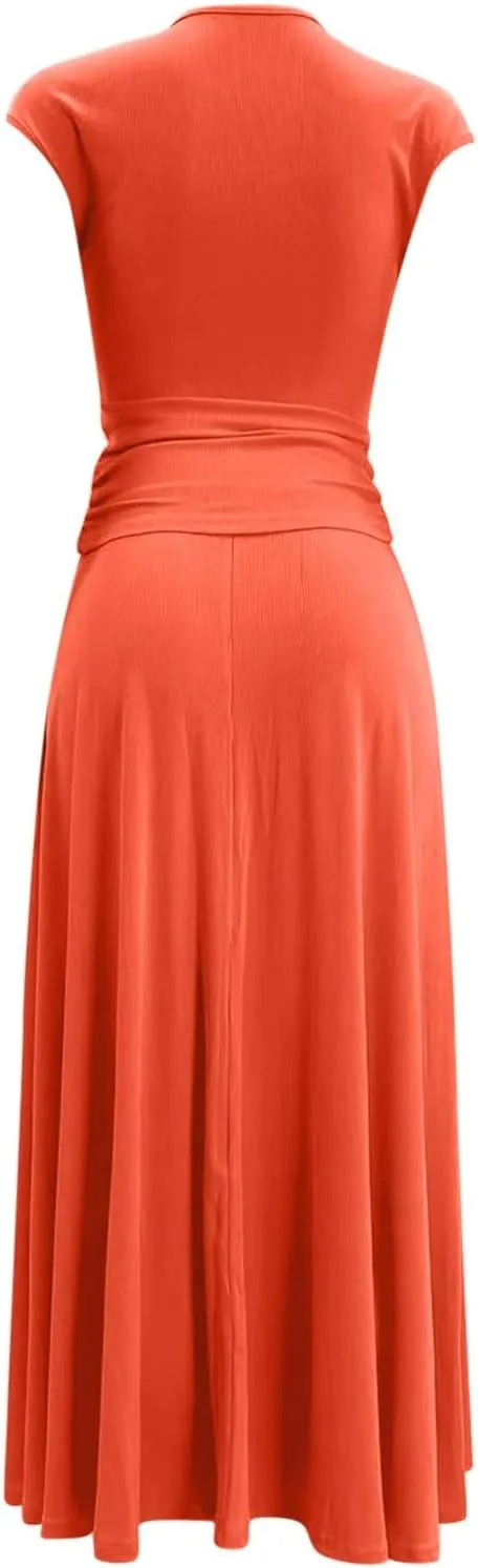 Women's 2 Piece Summer Outfits Dressy Casual Knit Short Sleeve Crop Top High Waist Midi Skirt Set Mandarin Dress