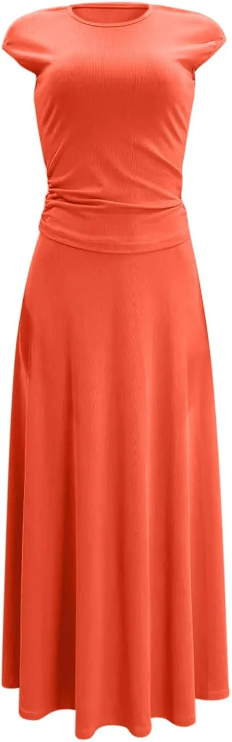 Women's 2 Piece Summer Outfits Dressy Casual Knit Short Sleeve Crop Top High Waist Midi Skirt Set Mandarin Dress