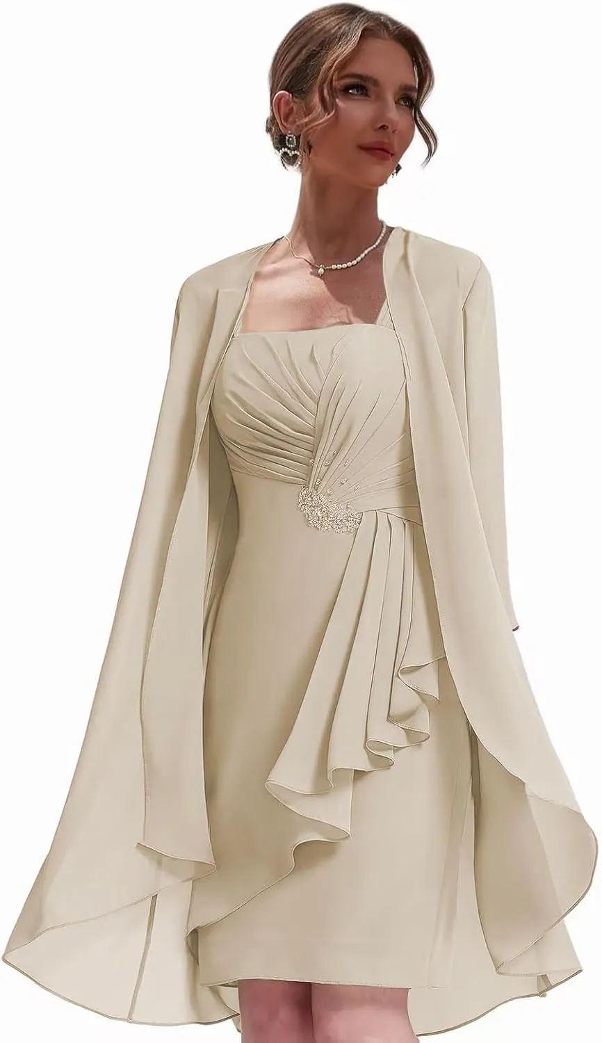 Women's 2 Pieces Mother of The Bride Dresses for Wedding Short Formal Dress with Jacket Chiffon Evening Gown