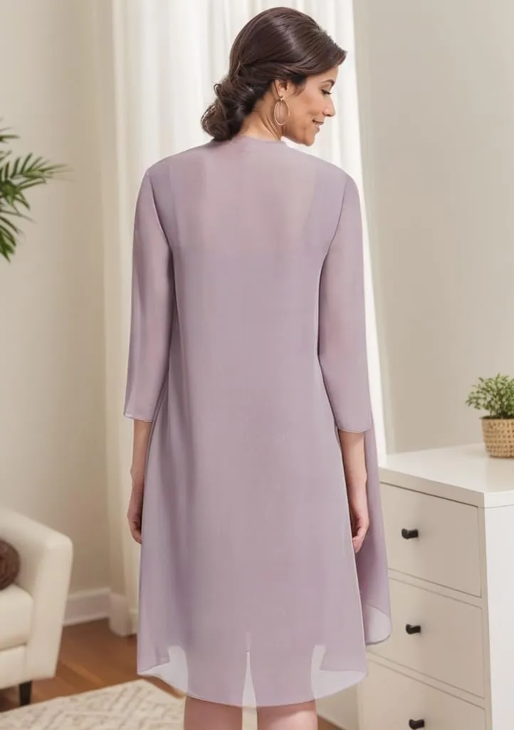 Women's 2 Pieces Mother of The Bride Dresses for Wedding Short Formal Dress with Jacket Chiffon Evening Gown