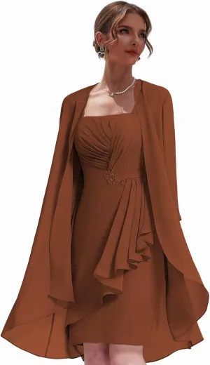 Women's 2 Pieces Mother of The Bride Dresses for Wedding Short Formal Dress with Jacket Chiffon Evening Gown