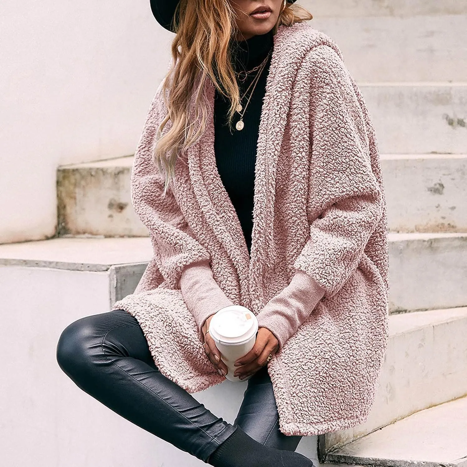 Womens 2023 Winter Coat Long Sleeve Solid Fuzzy Fleece Open Front Hooded Cardigans Jacket Coats Outerwear with Pocket