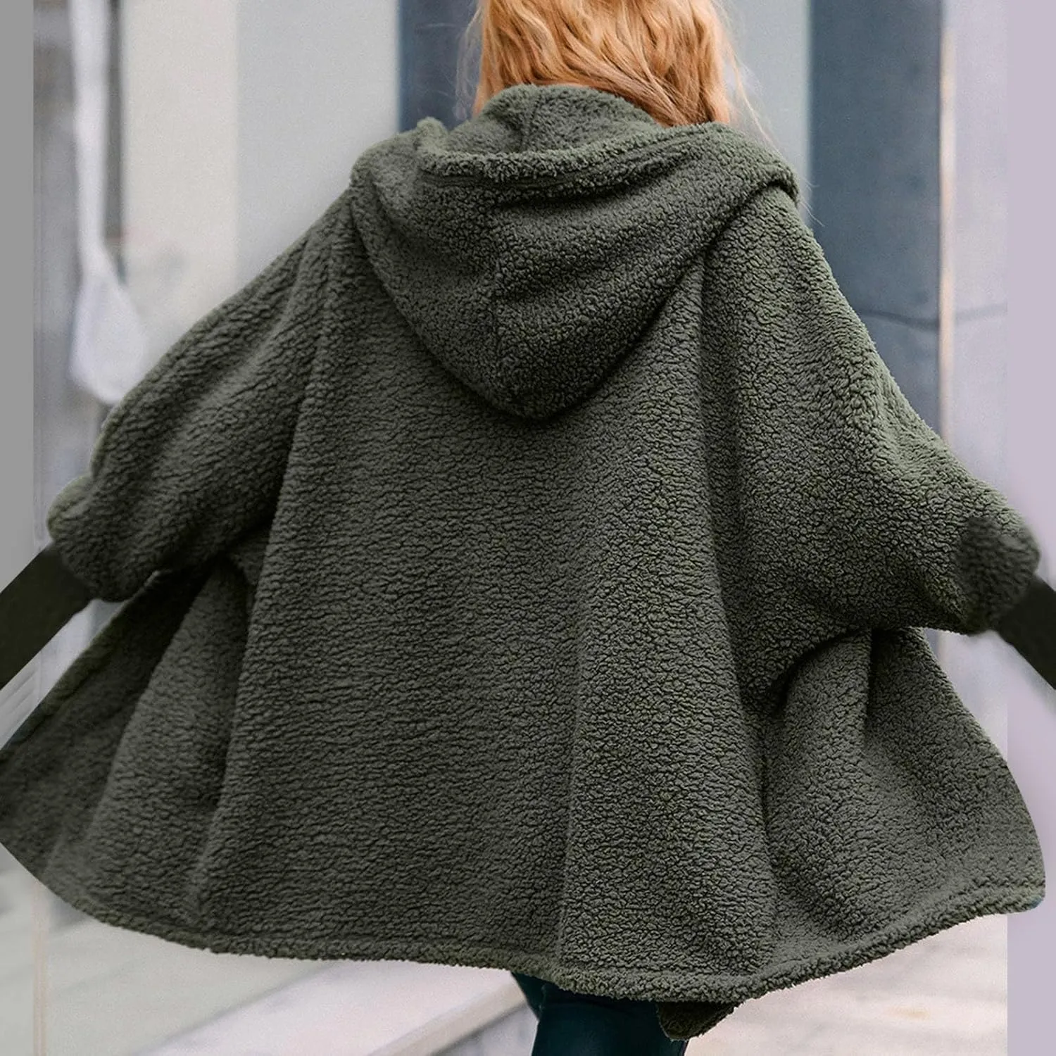 Womens 2023 Winter Coat Long Sleeve Solid Fuzzy Fleece Open Front Hooded Cardigans Jacket Coats Outerwear with Pocket