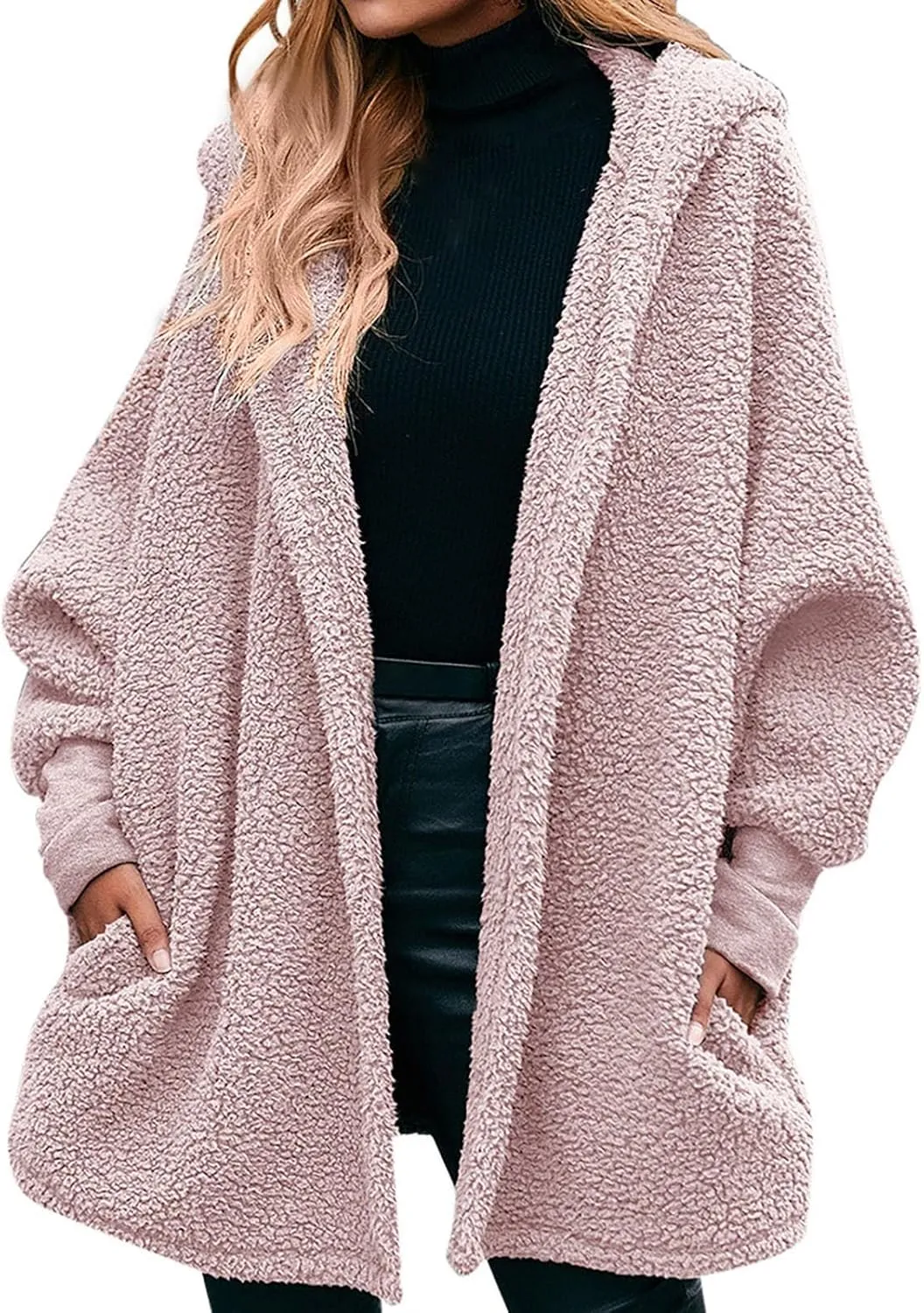 Womens 2023 Winter Coat Long Sleeve Solid Fuzzy Fleece Open Front Hooded Cardigans Jacket Coats Outerwear with Pocket
