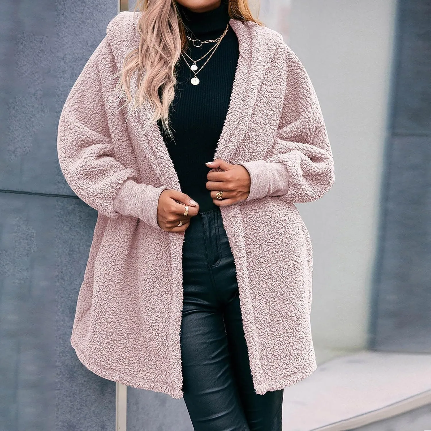 Womens 2023 Winter Coat Long Sleeve Solid Fuzzy Fleece Open Front Hooded Cardigans Jacket Coats Outerwear with Pocket