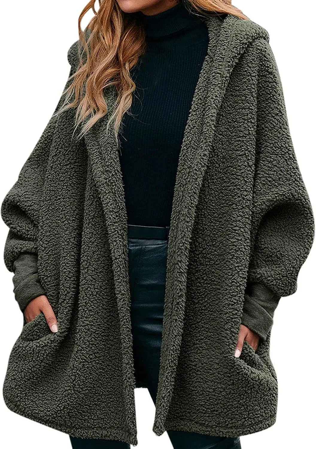 Womens 2023 Winter Coat Long Sleeve Solid Fuzzy Fleece Open Front Hooded Cardigans Jacket Coats Outerwear with Pocket
