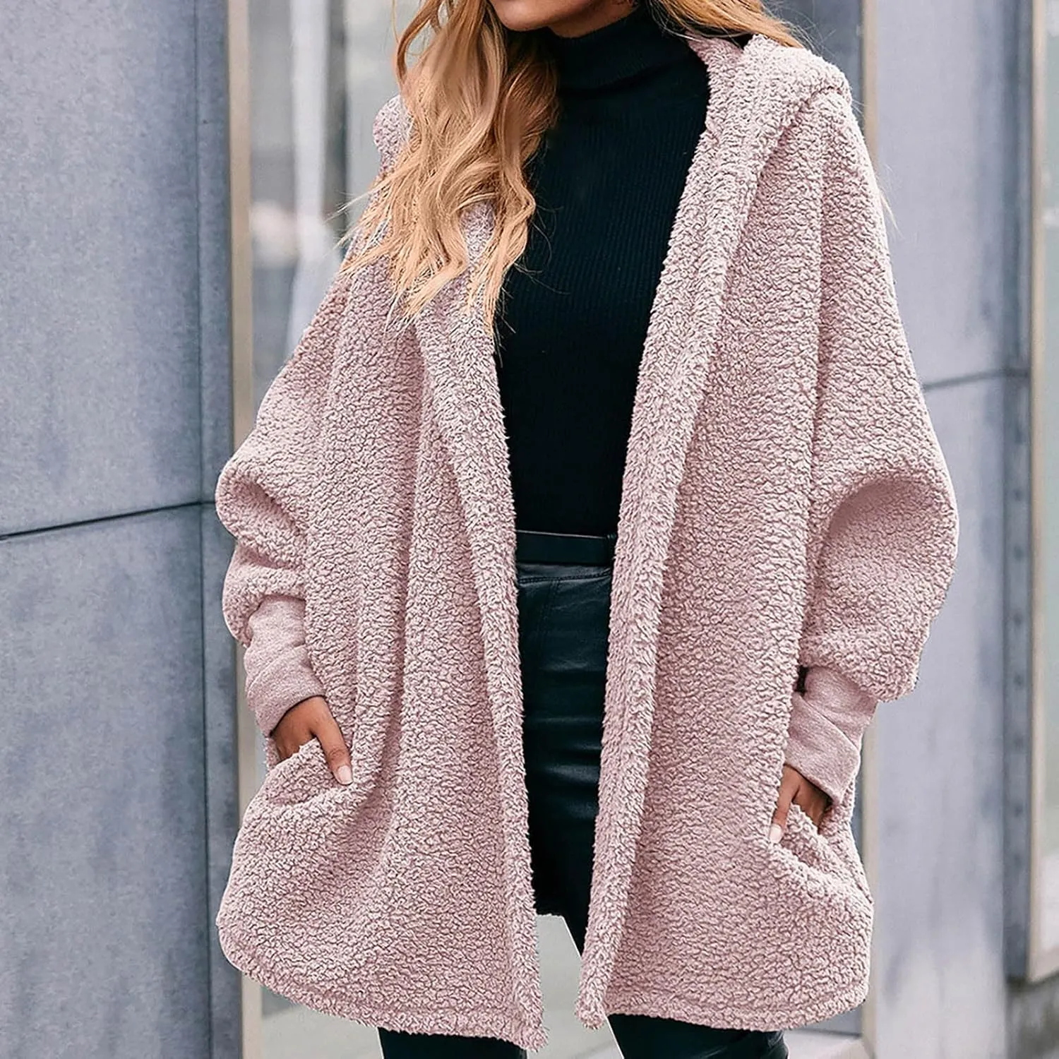 Womens 2023 Winter Coat Long Sleeve Solid Fuzzy Fleece Open Front Hooded Cardigans Jacket Coats Outerwear with Pocket