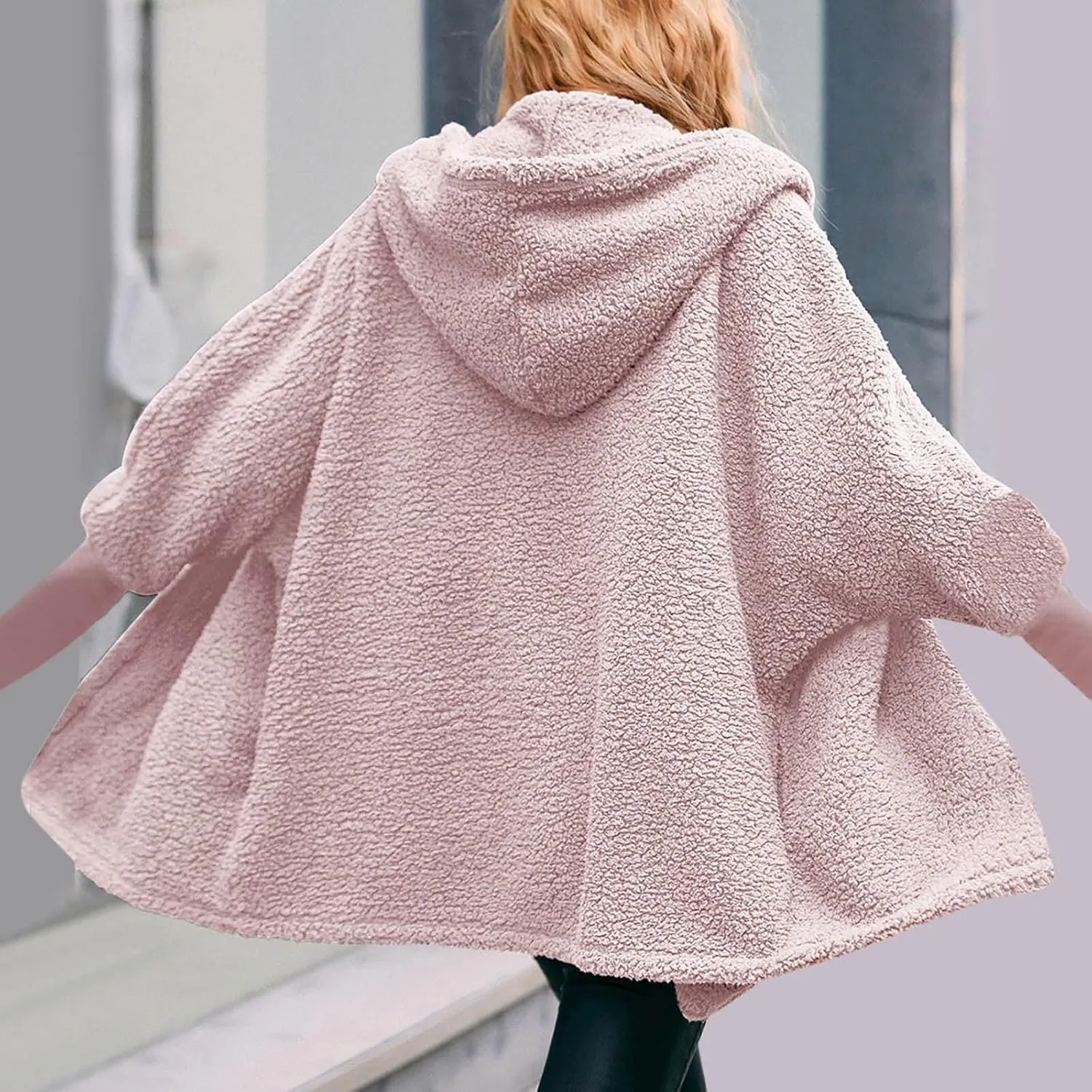 Womens 2023 Winter Coat Long Sleeve Solid Fuzzy Fleece Open Front Hooded Cardigans Jacket Coats Outerwear with Pocket