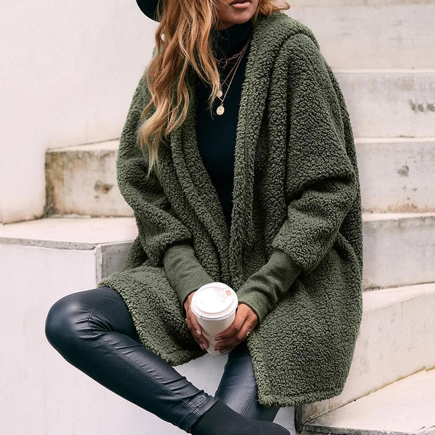 Womens 2023 Winter Coat Long Sleeve Solid Fuzzy Fleece Open Front Hooded Cardigans Jacket Coats Outerwear with Pocket