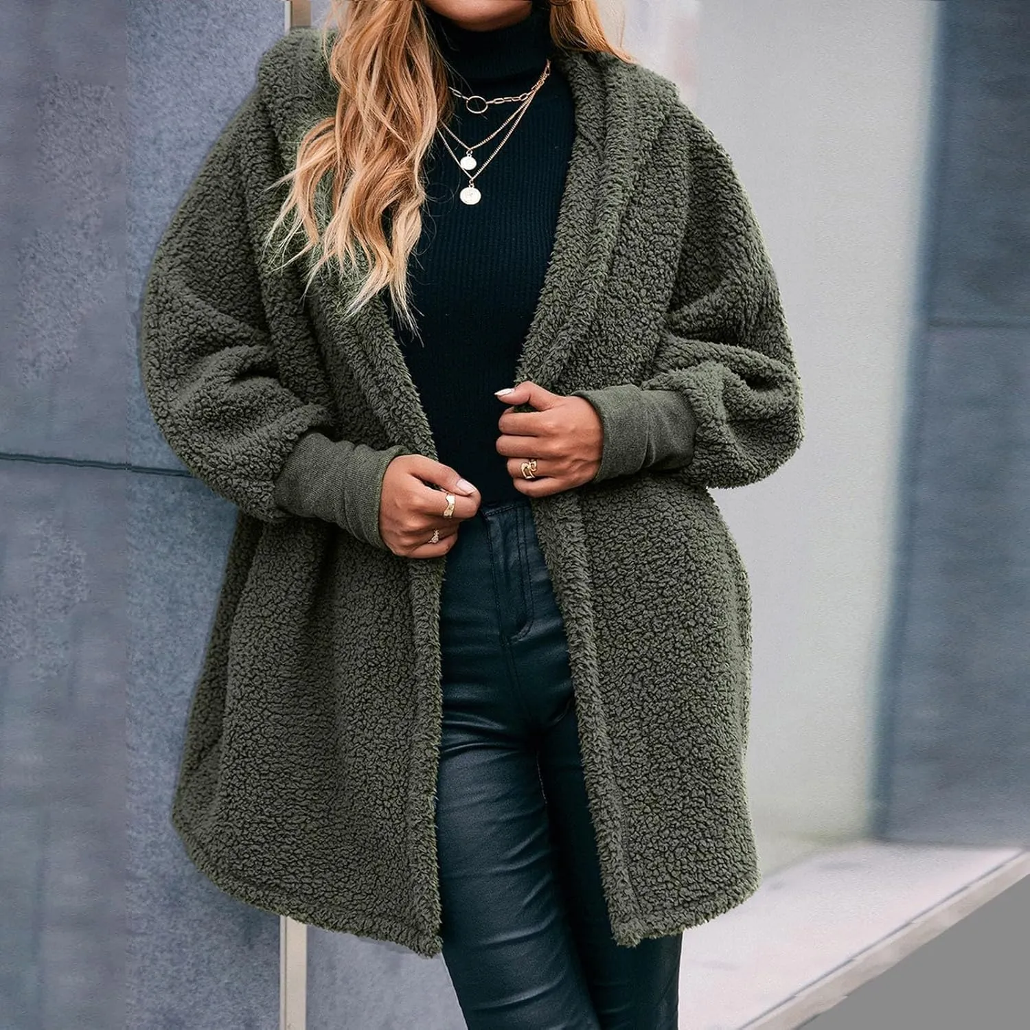 Womens 2023 Winter Coat Long Sleeve Solid Fuzzy Fleece Open Front Hooded Cardigans Jacket Coats Outerwear with Pocket