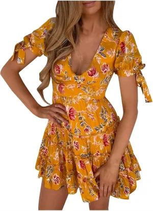 Women's 2024 Floral Summer Short Dress Deep V Neck Tie Puff Sleeve Tiered Ruffle Boho Print Swing Mini Dresses