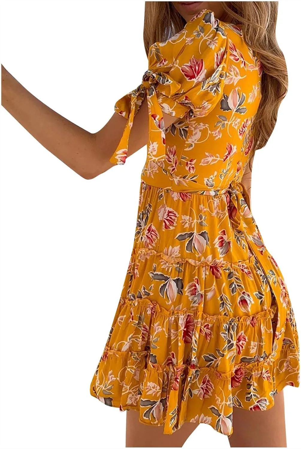 Women's 2024 Floral Summer Short Dress Deep V Neck Tie Puff Sleeve Tiered Ruffle Boho Print Swing Mini Dresses