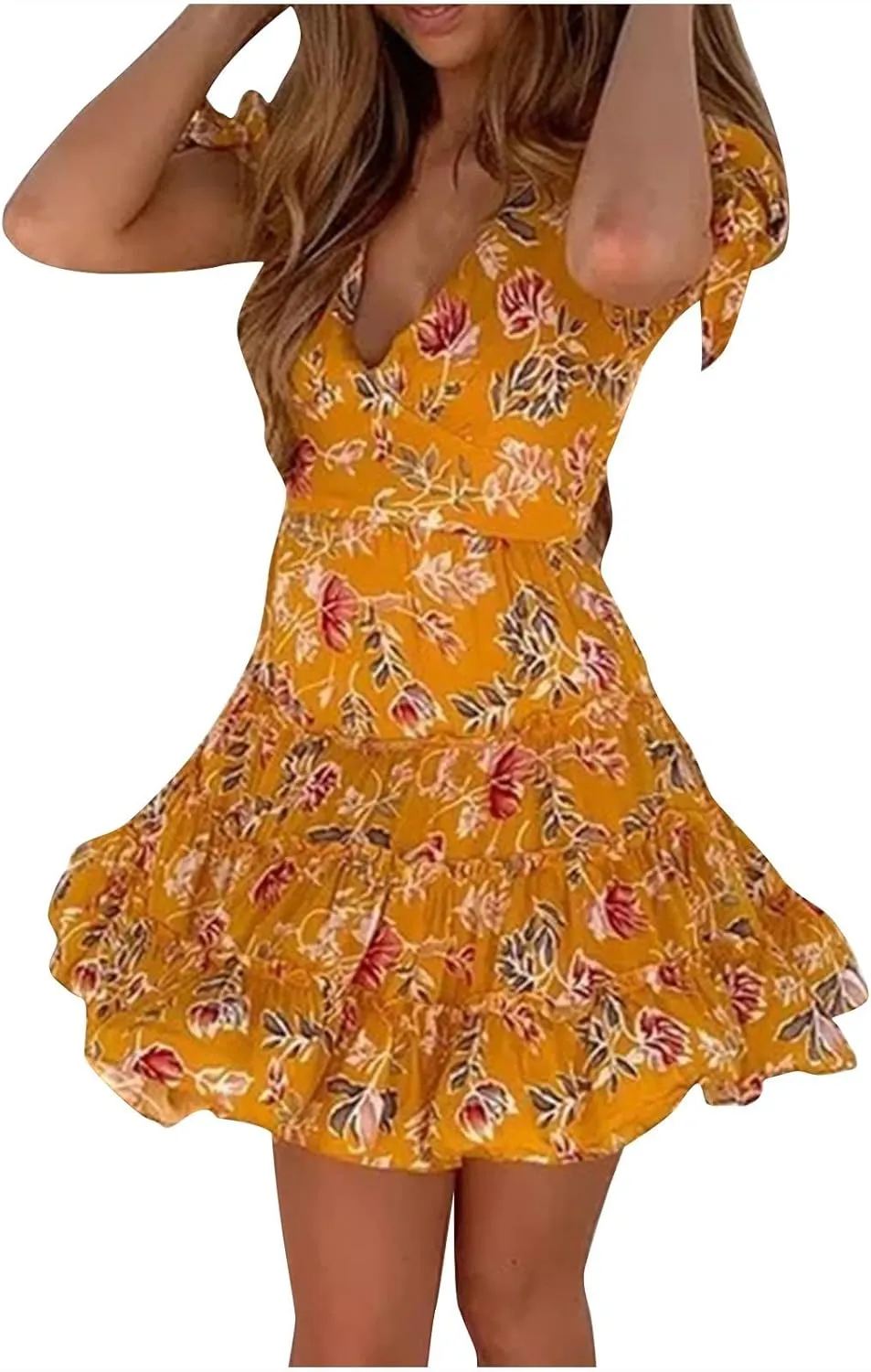 Women's 2024 Floral Summer Short Dress Deep V Neck Tie Puff Sleeve Tiered Ruffle Boho Print Swing Mini Dresses