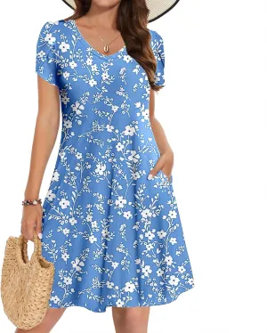Women's 2025 Summer Casual Floral Boho Dress Flowing Ruffle T Shirt Dress Flowy a-Line Summer Outing V Midi Dresses