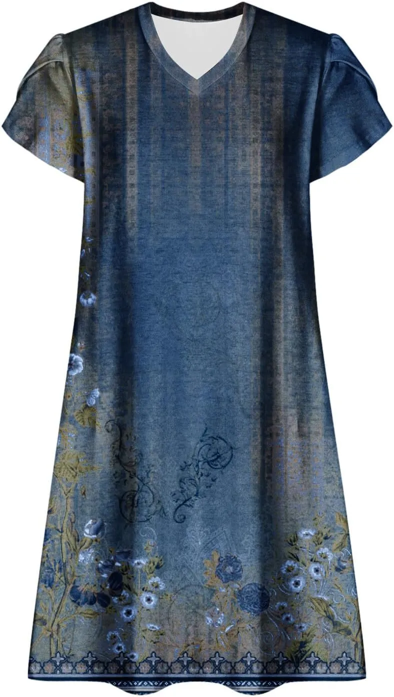 Women's 2025 Summer Casual Floral Boho Dress Flowing Ruffle T Shirt Dress Flowy a-Line Summer Outing V Midi Dresses