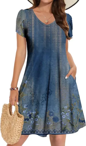 Women's 2025 Summer Casual Floral Boho Dress Flowing Ruffle T Shirt Dress Flowy a-Line Summer Outing V Midi Dresses