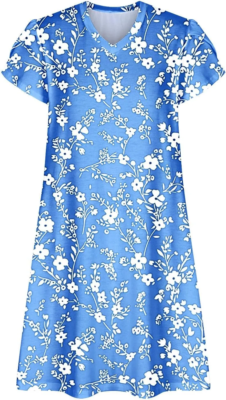 Women's 2025 Summer Casual Floral Boho Dress Flowing Ruffle T Shirt Dress Flowy a-Line Summer Outing V Midi Dresses