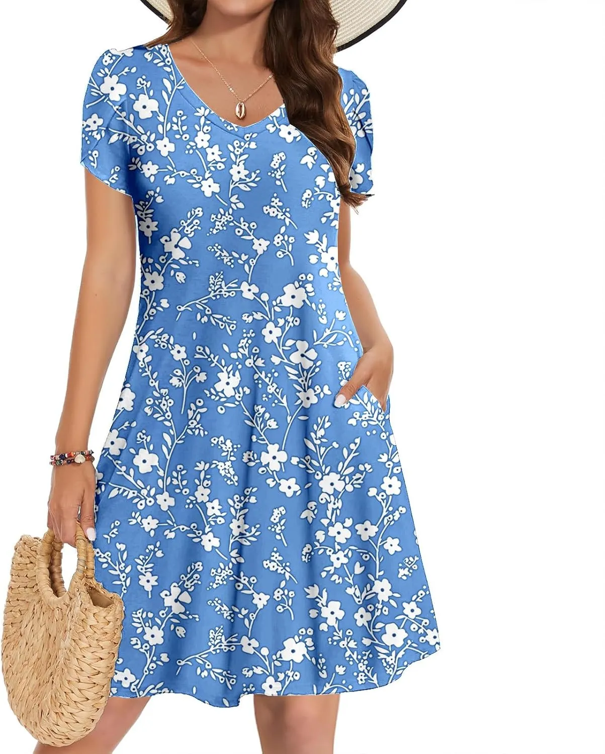 Women's 2025 Summer Casual Floral Boho Dress Flowing Ruffle T Shirt Dress Flowy a-Line Summer Outing V Midi Dresses