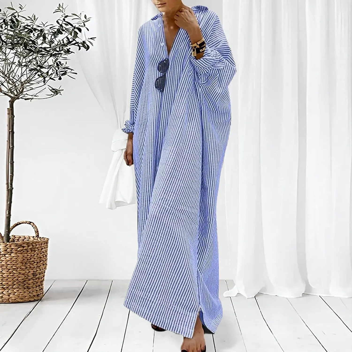 Women's 2025 Summer Striped Dress Casual Sleeveless V Neck Shoulder Cotton Linen Loose Fit Split Maxi Dresses