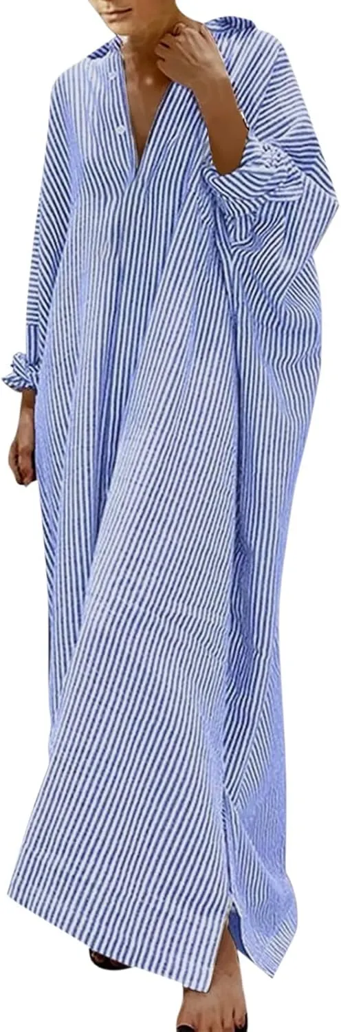 Women's 2025 Summer Striped Dress Casual Sleeveless V Neck Shoulder Cotton Linen Loose Fit Split Maxi Dresses