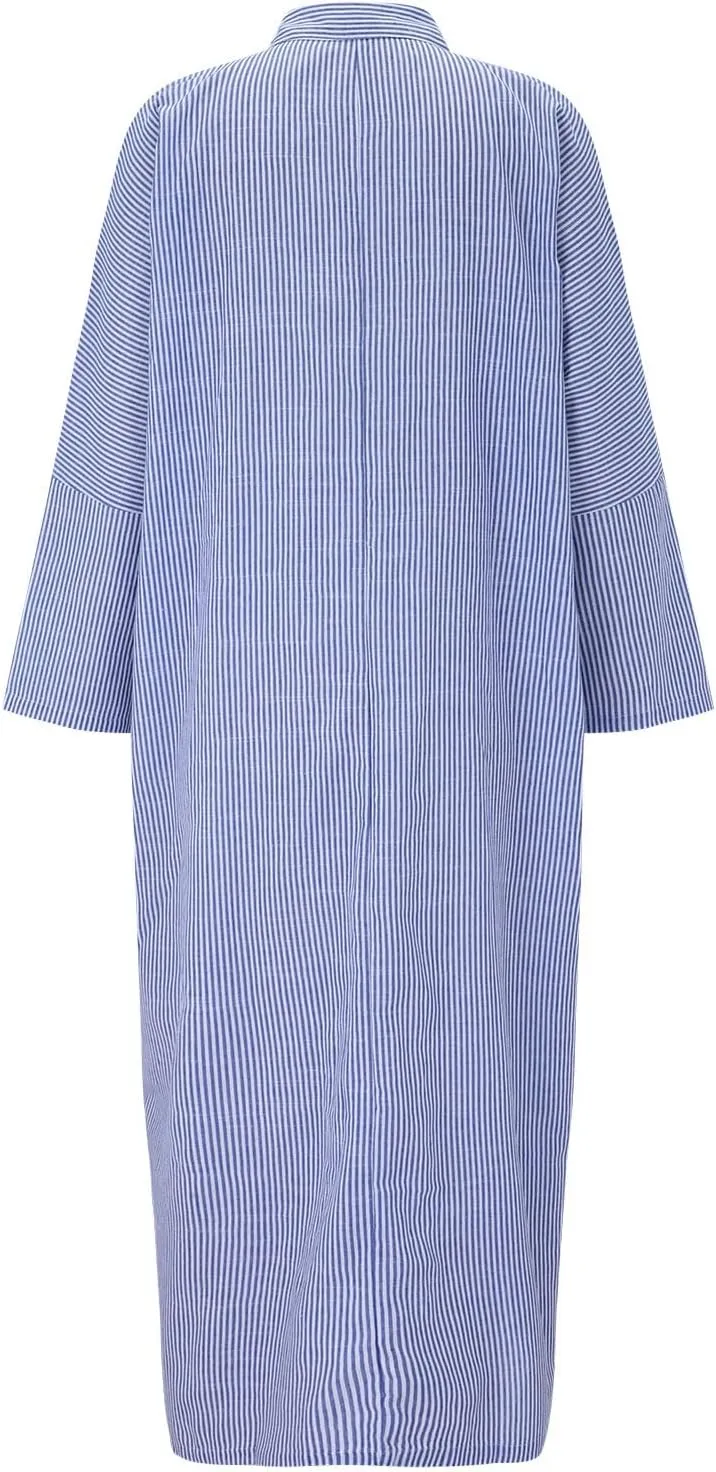 Women's 2025 Summer Striped Dress Casual Sleeveless V Neck Shoulder Cotton Linen Loose Fit Split Maxi Dresses
