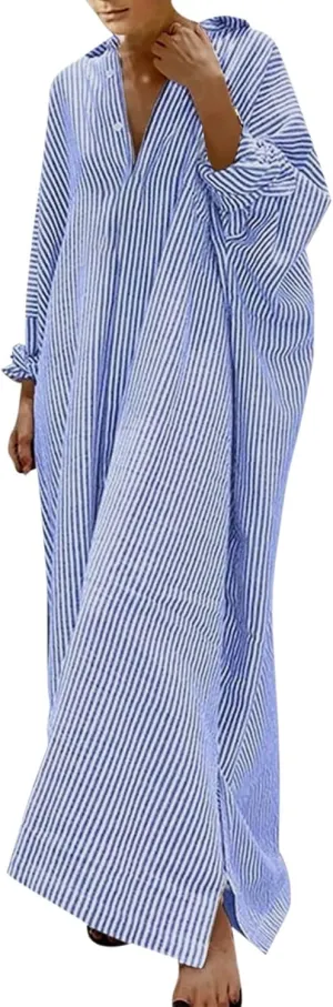 Women's 2025 Summer Striped Dress Casual Sleeveless V Neck Shoulder Cotton Linen Loose Fit Split Maxi Dresses