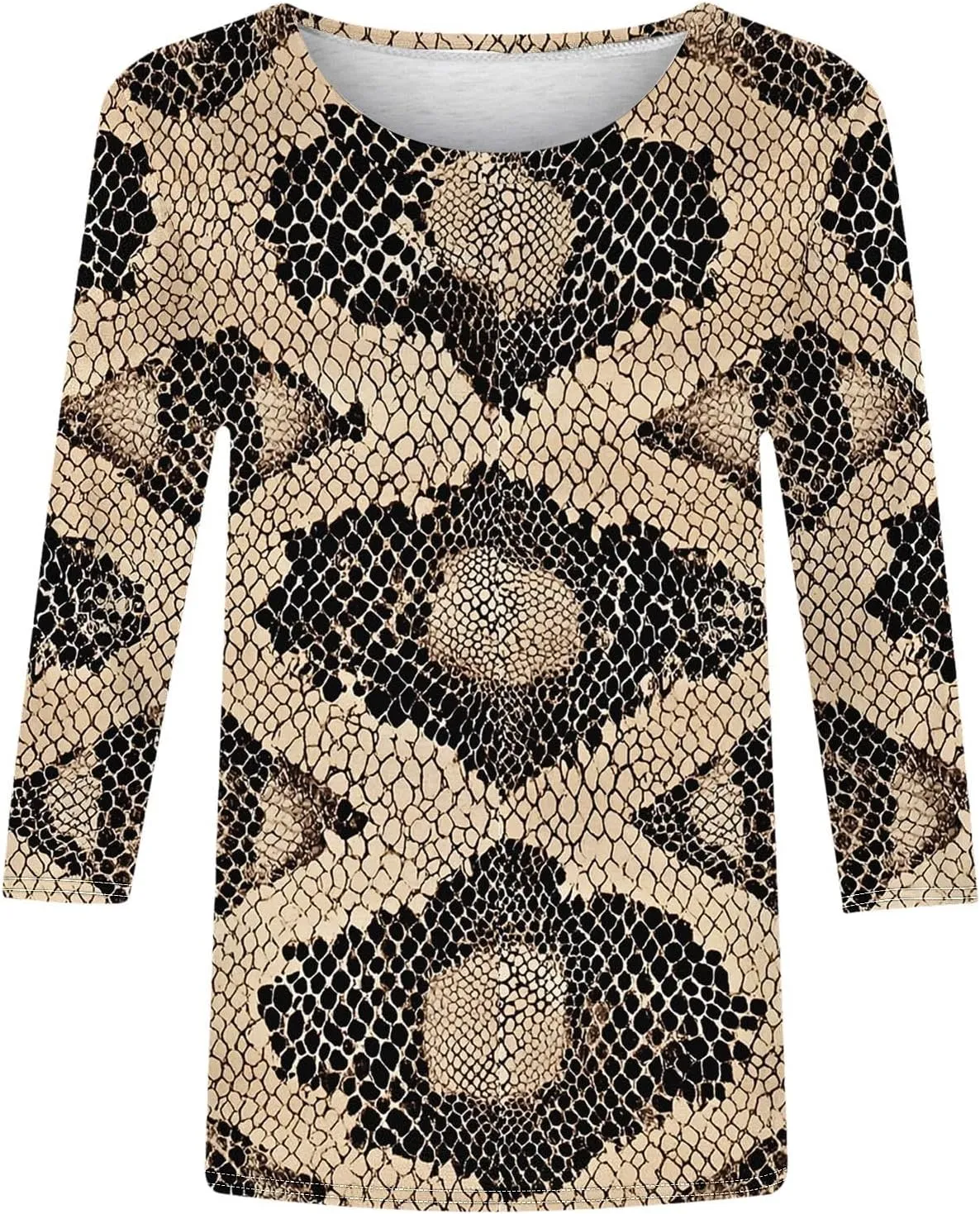 Womens 3/4 Sleeve Top, Fashion Snake Skin Print Casual Loose Fit Crew Neck Shirt, Trendy Printed T-Shirt Blouses