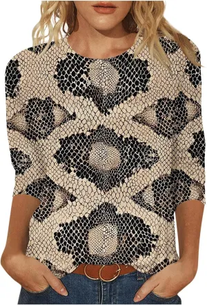 Womens 3/4 Sleeve Top, Fashion Snake Skin Print Casual Loose Fit Crew Neck Shirt, Trendy Printed T-Shirt Blouses
