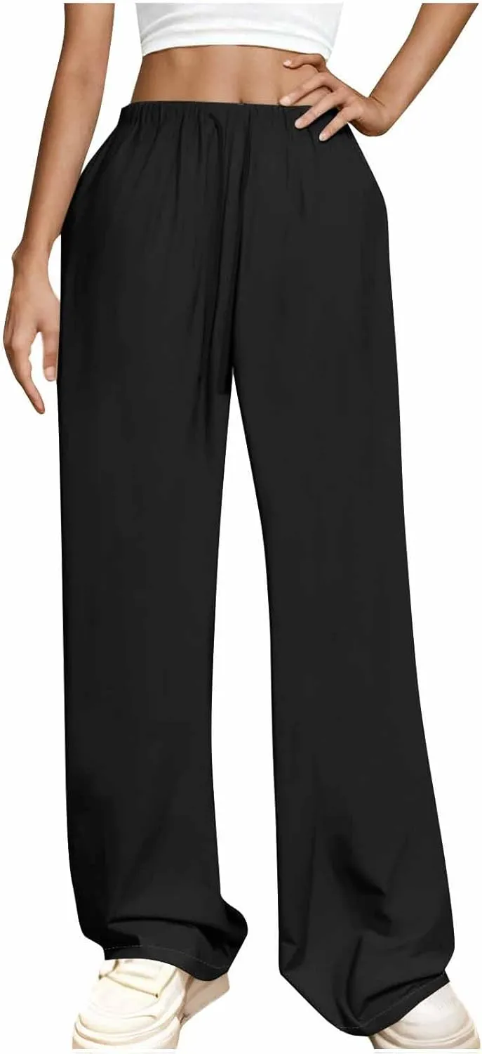 Womens Baggy Cotton Linen Trousers Summer Casual Solid Beach Resort Pants Elastic High Waist Drawstring Wide Leg Pant
