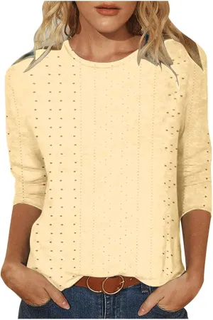 Womens Blouses Casual 3/4 Length Sleeve Cute Solid Color Summer T Shirts Round Neck Loose Comfy Fit Tee Shirts