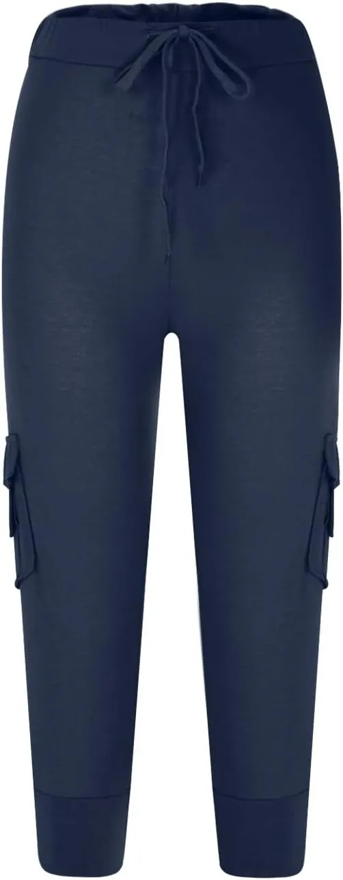 Women's Cargo Capri Pants Drawstring High Waist Casual Pockets Joggers 2025 Trendy Relaxed Fit Trousers