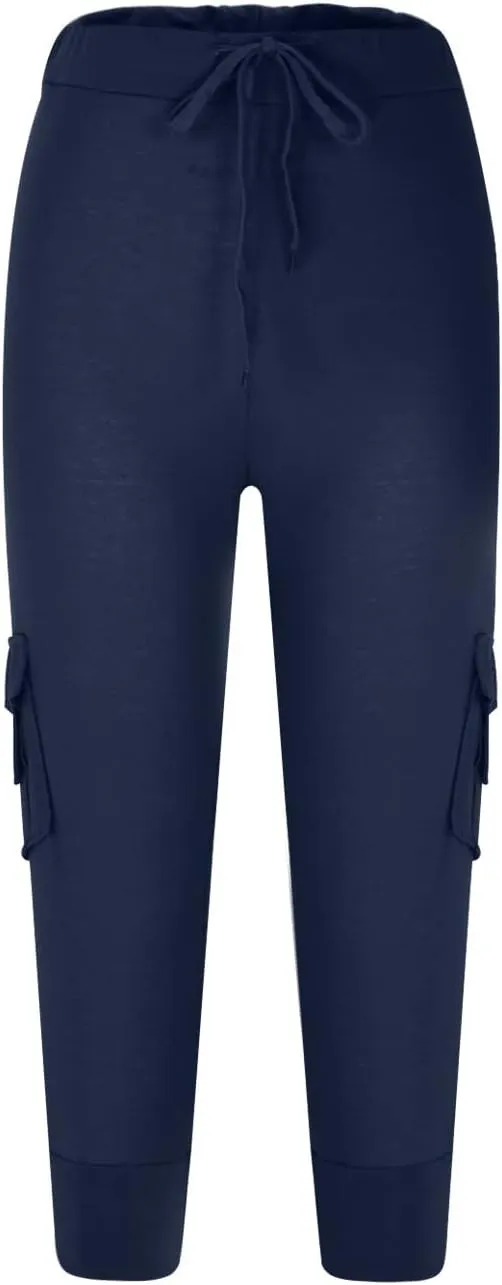 Women's Cargo Capri Pants Drawstring High Waist Casual Pockets Joggers 2025 Trendy Relaxed Fit Trousers