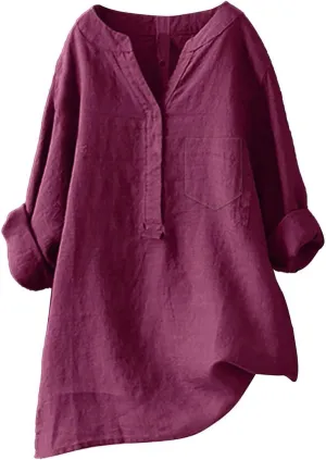 Womens Casual Button V Neck Short Sleeve Shirts Oversized Solid Cotton Linen Blouses Tops Ladies Tunics Tshirts
