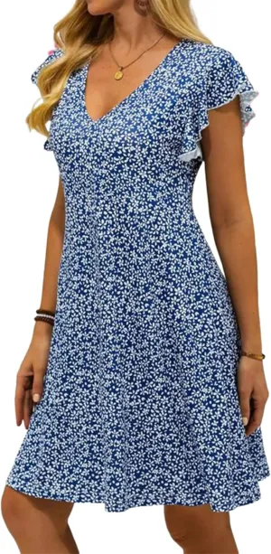 Women's Casual Floral Print V Neck Ruffle Sleeve Mini Dress V Neck Tunic Slim Fit Short Dresses Vacation Beach Outfits