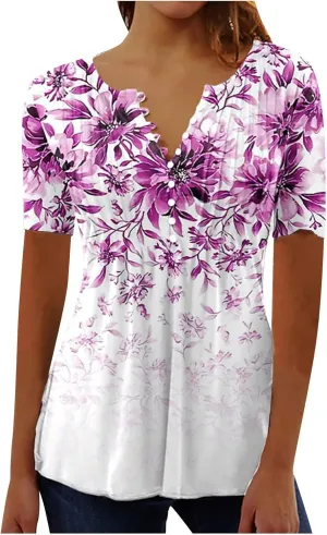Womens Casual Summer Tunic Shirts Button v Neck Floral Print t-Shirt Empire Waist Fashion Tops Blouses