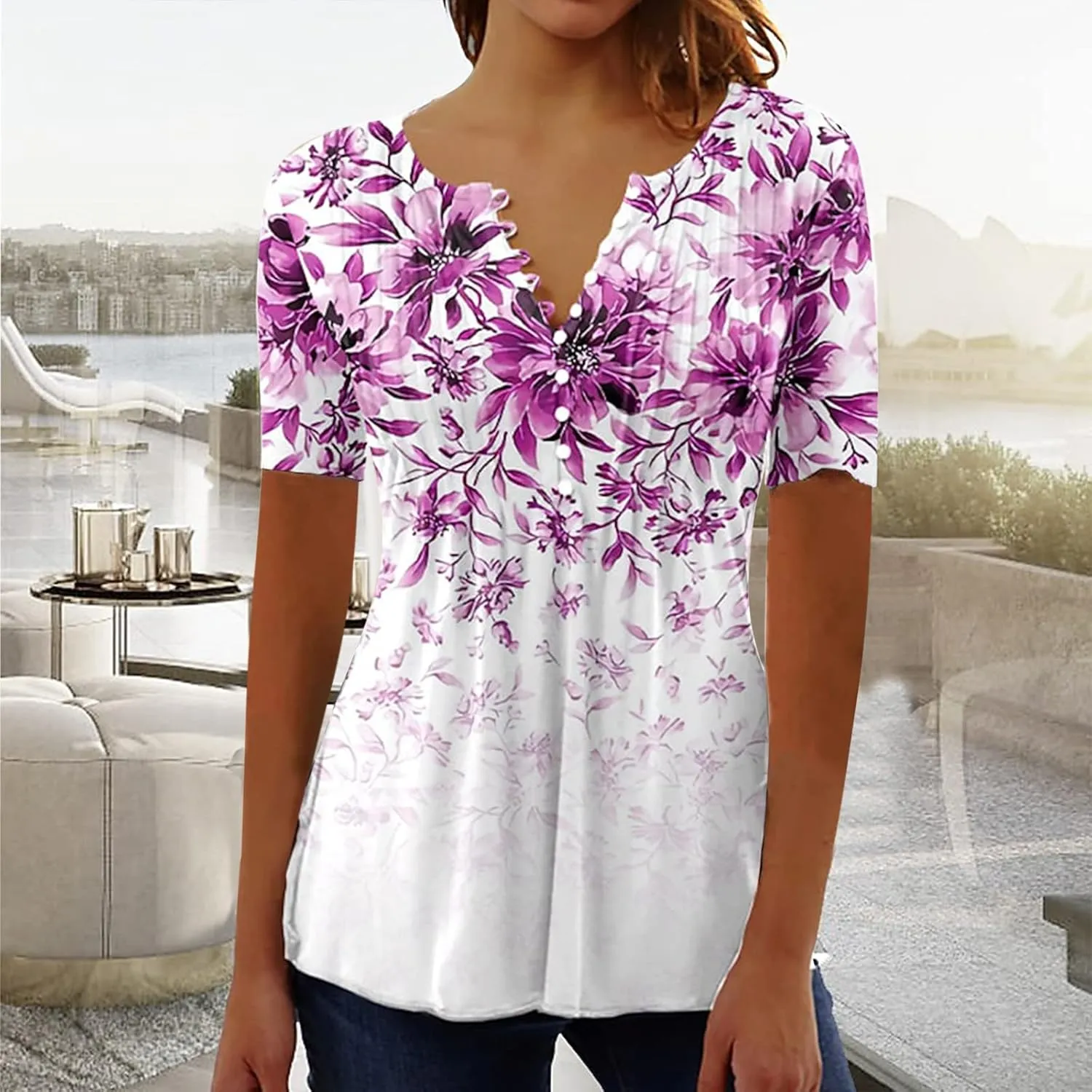 Womens Casual Summer Tunic Shirts Button v Neck Floral Print t-Shirt Empire Waist Fashion Tops Blouses