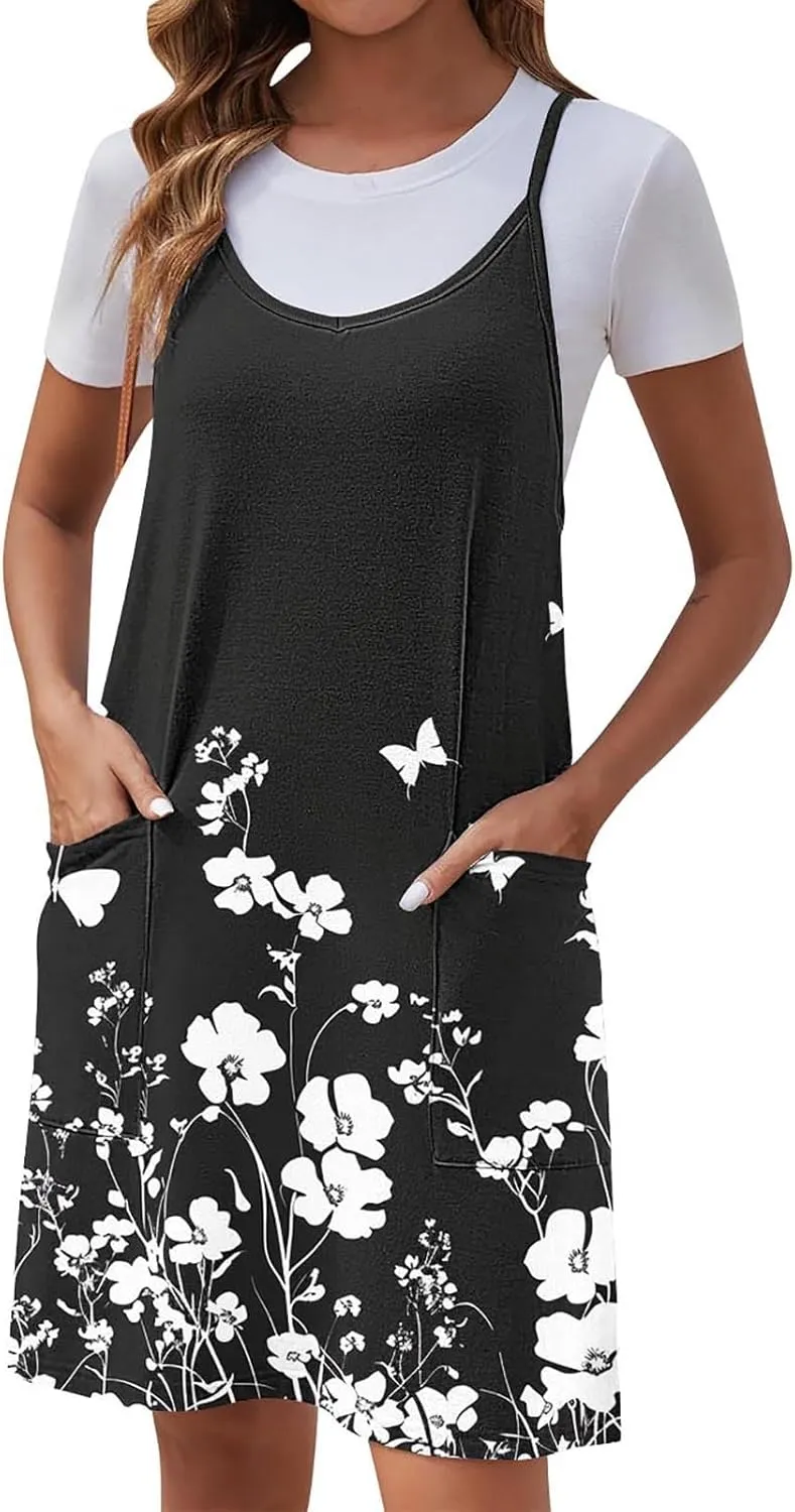 Womens Casual Sundress Trendy Flower Pattern Print Summer Dresses Sleeveless Loose Vacation Beach Dress
